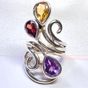 Gemstone Statement Ring Garnet Citrine Amethyst Teardrops Sterling Silver